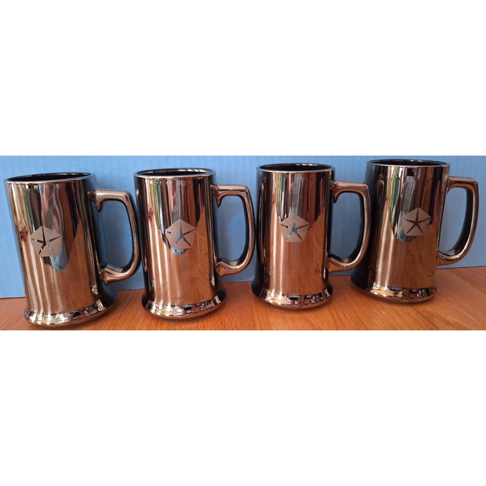 Set Of 4 Rare VTG Chrysler Logo Etched Mirrored Glass Beer Mug Car Memorabilia